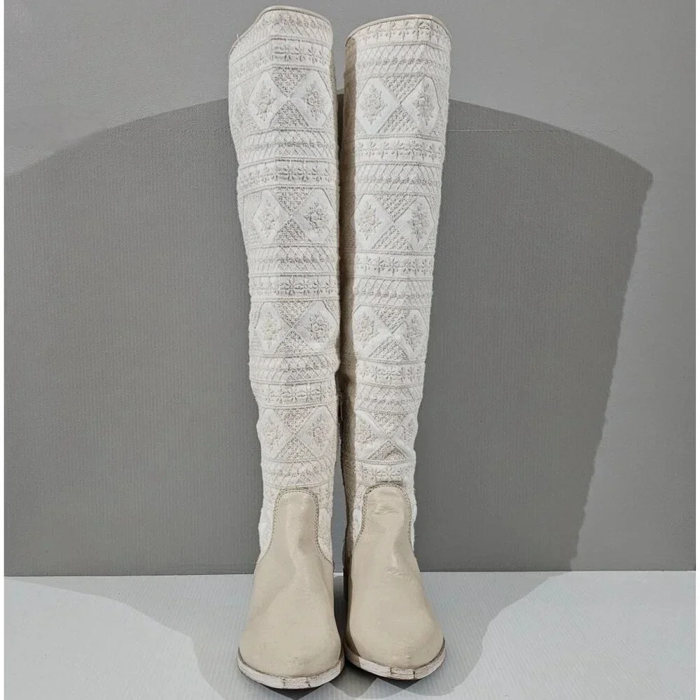 Free People Bren Knee High Boot Womens EU 37 Cream Embroidered Slouchy Boho